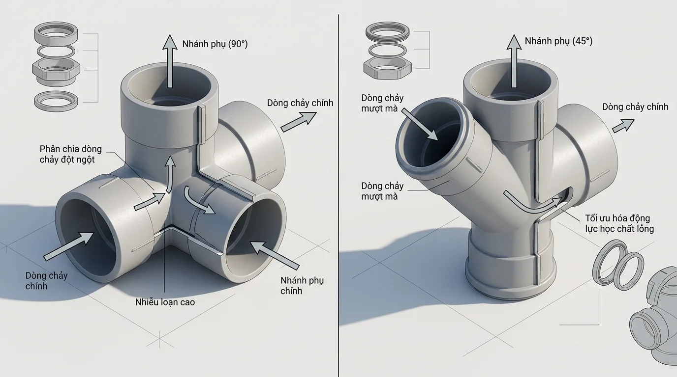 Ảnh minh hoạ: so sánh phụ kiện tê uPVC và chữ Y trong hệ thống đường ống