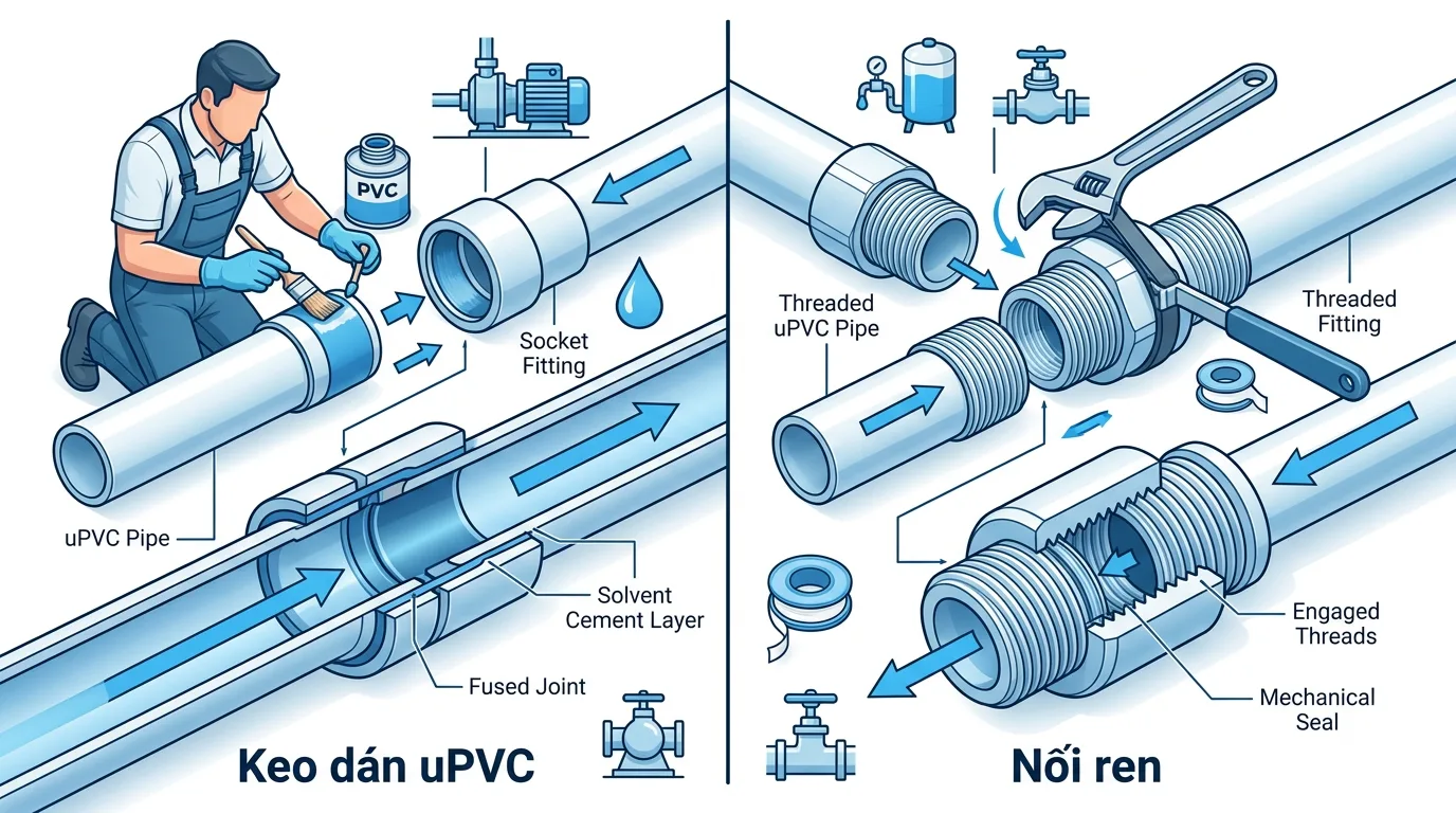 so sánh phương pháp dán keo và nối ren trong hệ thống ống nhựa