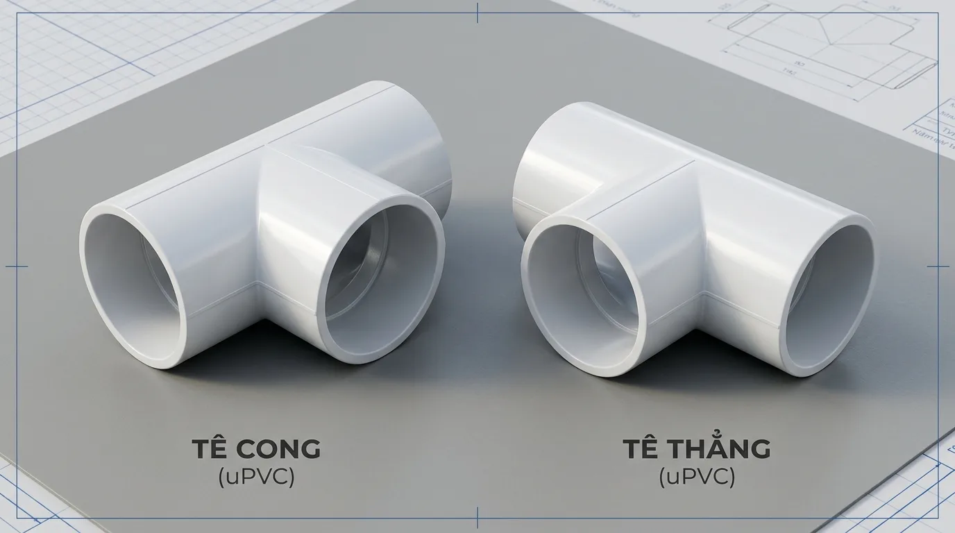 Ảnh minh hoạ: so sánh tê cong uPVC và tê thẳng trong hệ thống đường ống