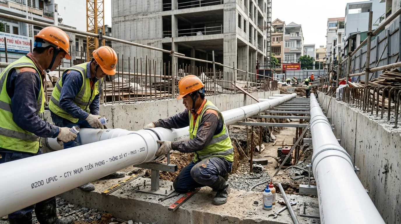 Ảnh minh hoạ: thi công hệ thống ống uPVC phi 200 trong công trình