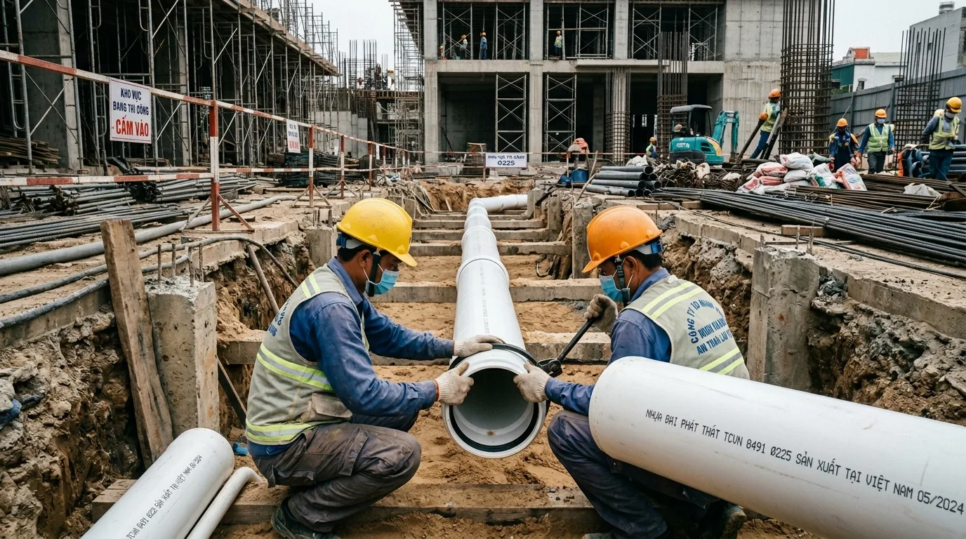 Ảnh minh hoạ: thi công hệ thống ống uPVC phi 225 trong công trình
