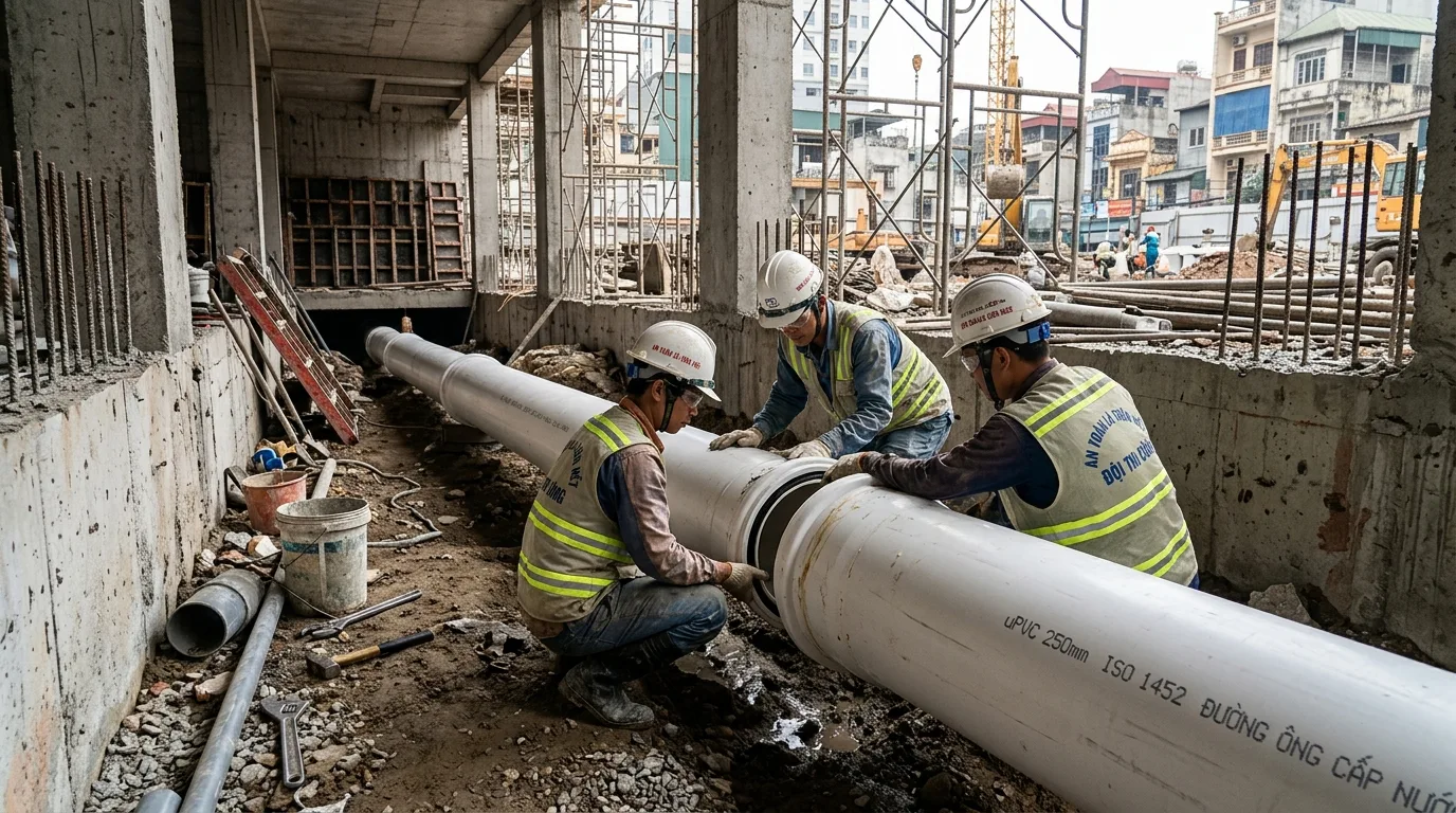 Ảnh minh hoạ: thi công hệ thống ống uPVC phi 250 trong công trình