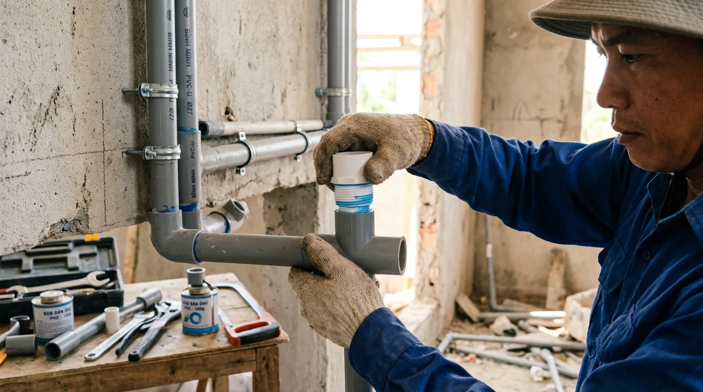 Ảnh minh hoạ: thi công lắp đặt bít ren ngoài PVC trong hệ thống cấp nước