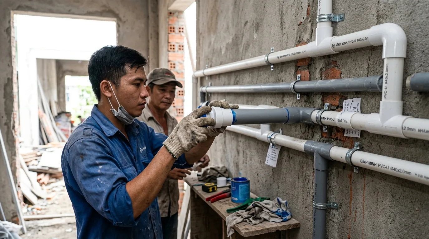 Ảnh minh hoạ: thi công lắp đặt nắp bịt PVC trong hệ thống nước