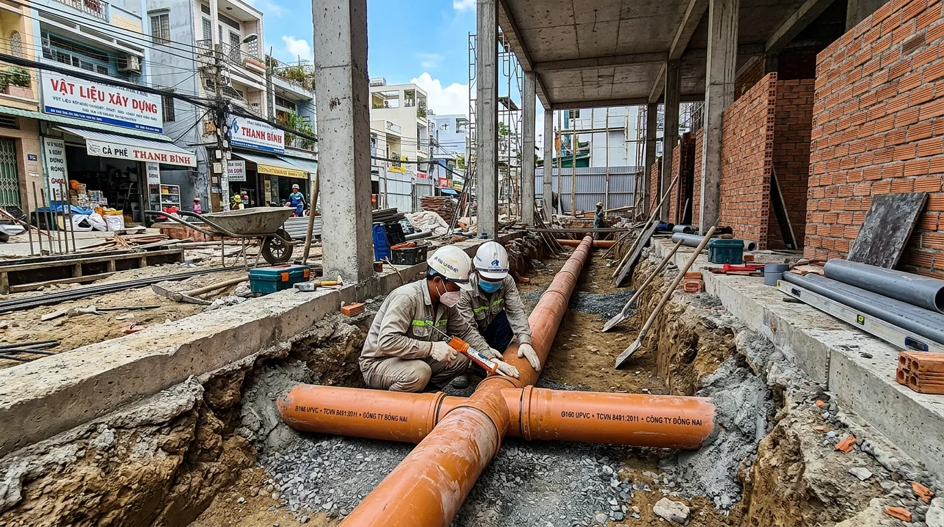 Ảnh minh hoạ: thi công lắp đặt ống uPVC phi 160 trong công trình