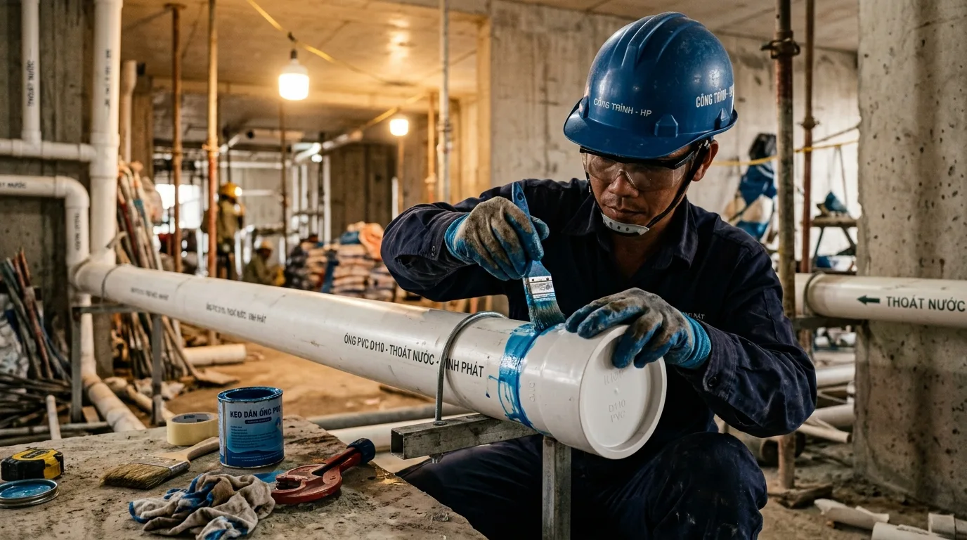 Ảnh minh hoạ: thi công lắp đặt phụ kiện bít xả PVC trong hệ thống ống