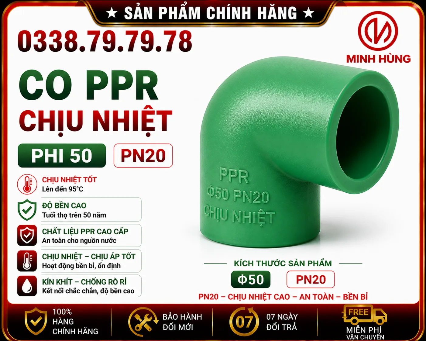 Co PPR phi 50 PN20 dùng cho hệ thống cấp nước nóng