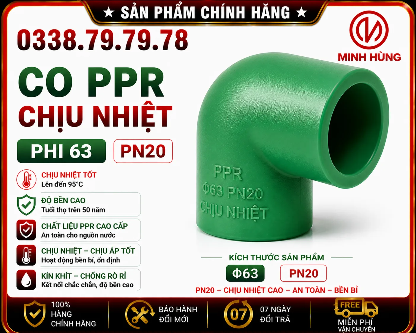 Co PPR phi 63 PN20 cho hệ thống PPR chịu áp ổn định