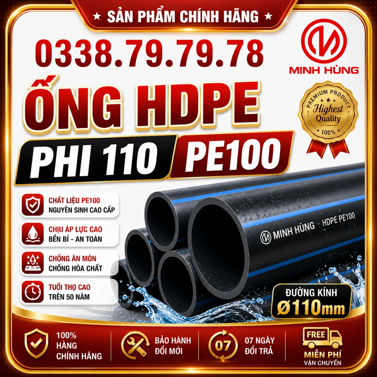 Ống HDPE phi 110 PE100 dùng cho hệ thống cấp thoát nước