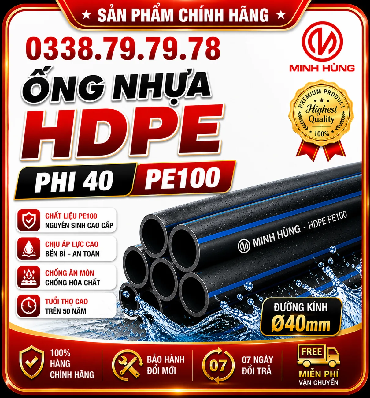 Ống HDPE phi 40 PE100 cho cấp nước công trình bền ổn định