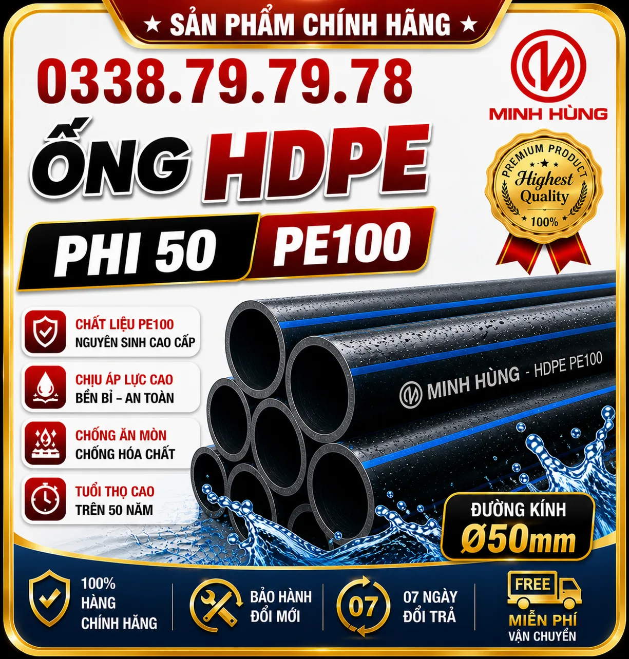 Ống HDPE phi 50 PE100 dùng cho ống áp lực bền và ổn định