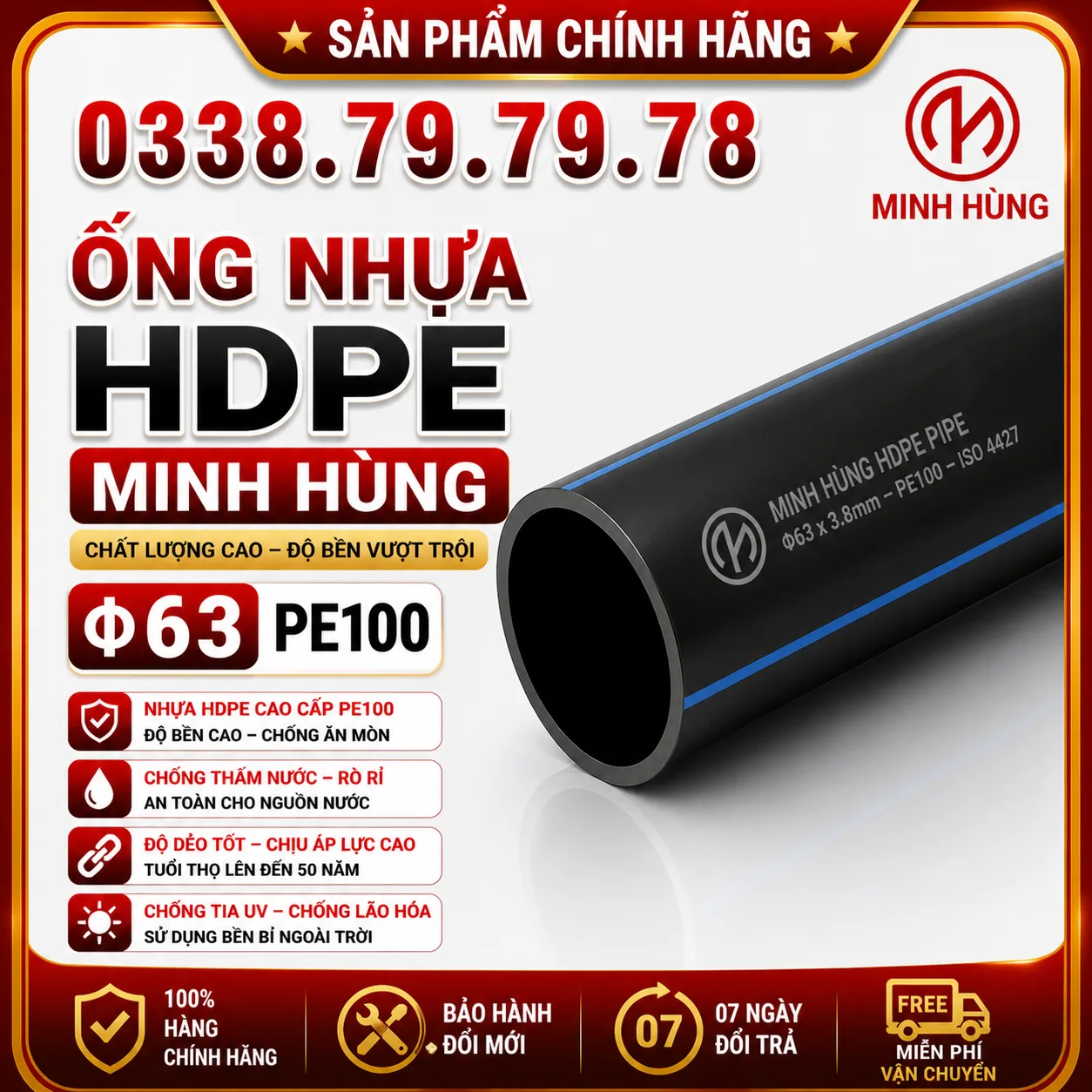 Ống HDPE phi 63 PE100 cho cấp nước dân dụng bền ổn định