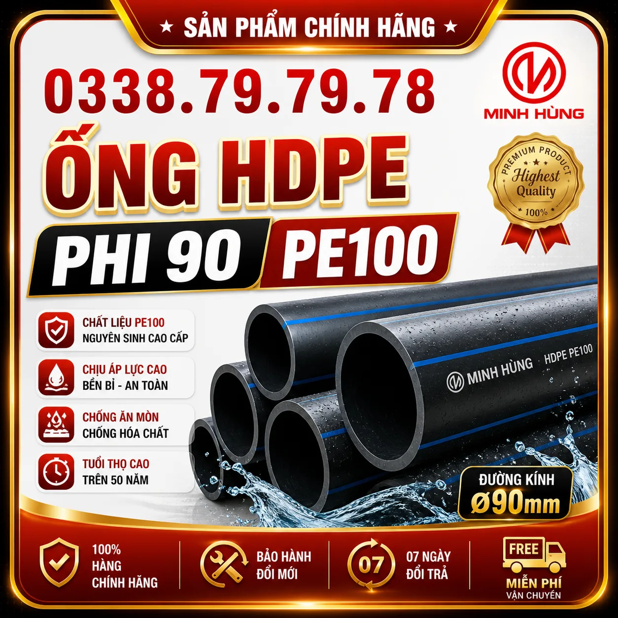 Ống HDPE phi 90 PE100 dùng cho hệ thống cấp nước bền vững