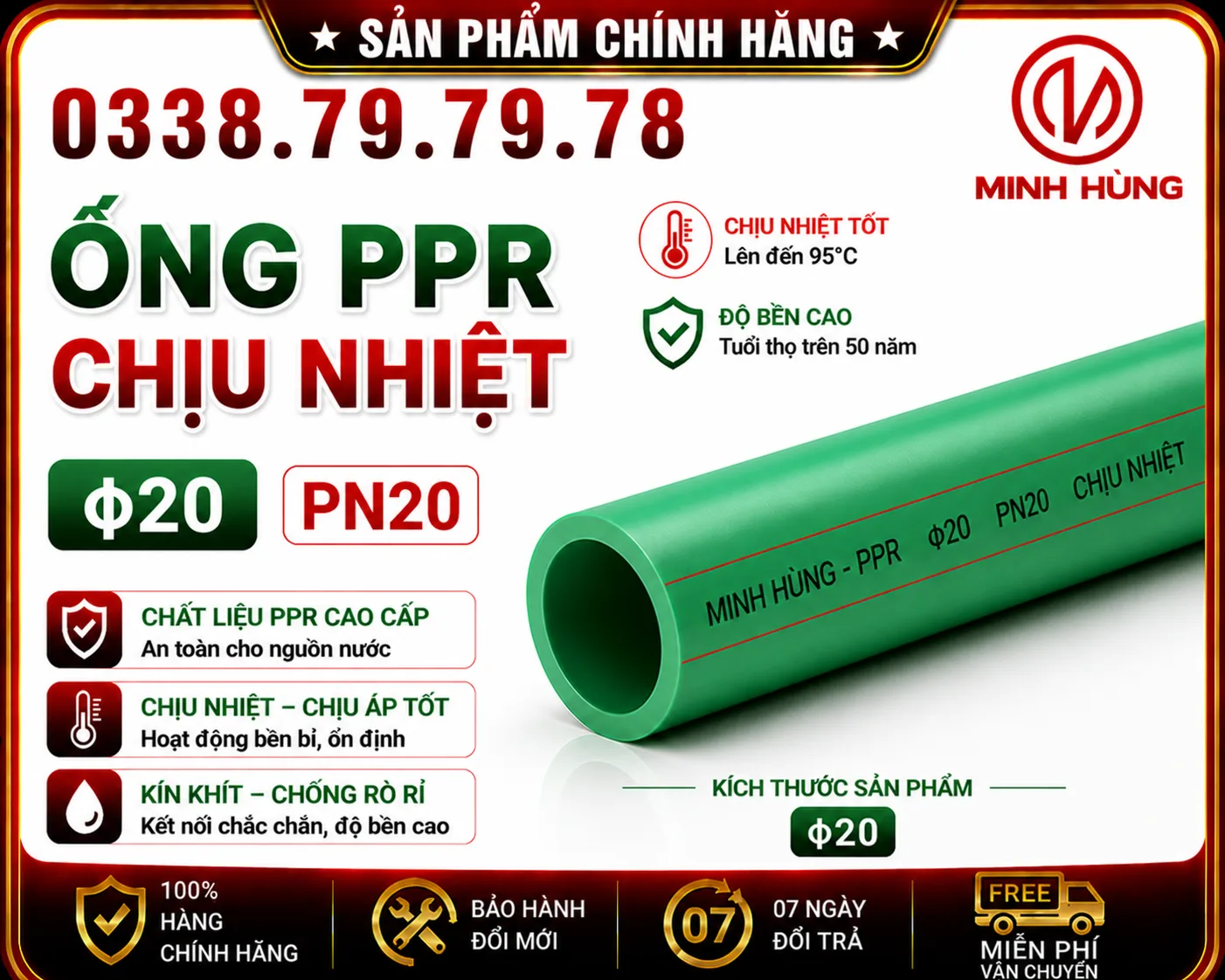 Ống PPR phi 20 chịu nhiệt cho nước nóng bền ổn định
