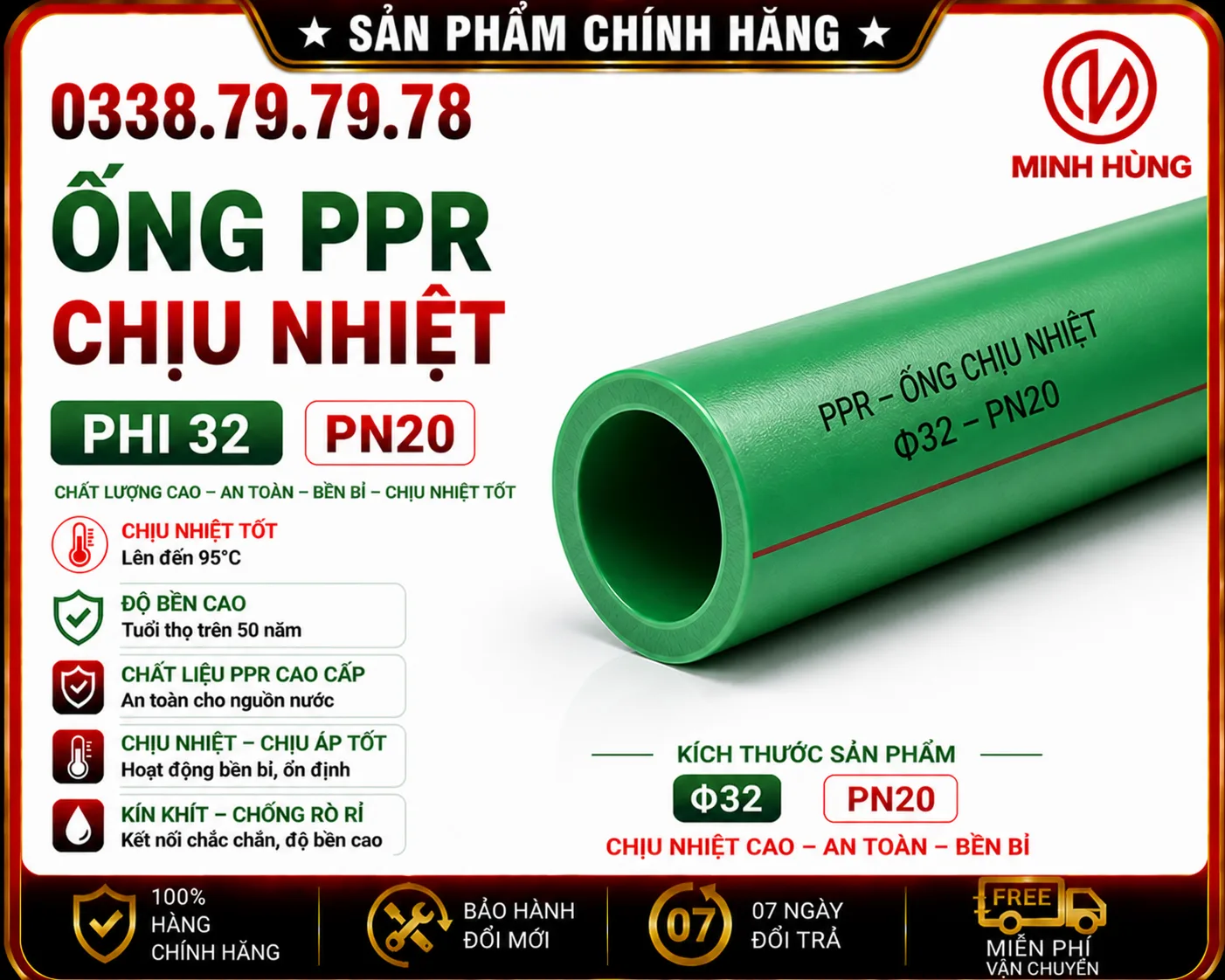 Ống PPR phi 32 chịu nhiệt cho hệ thống nước nóng bền