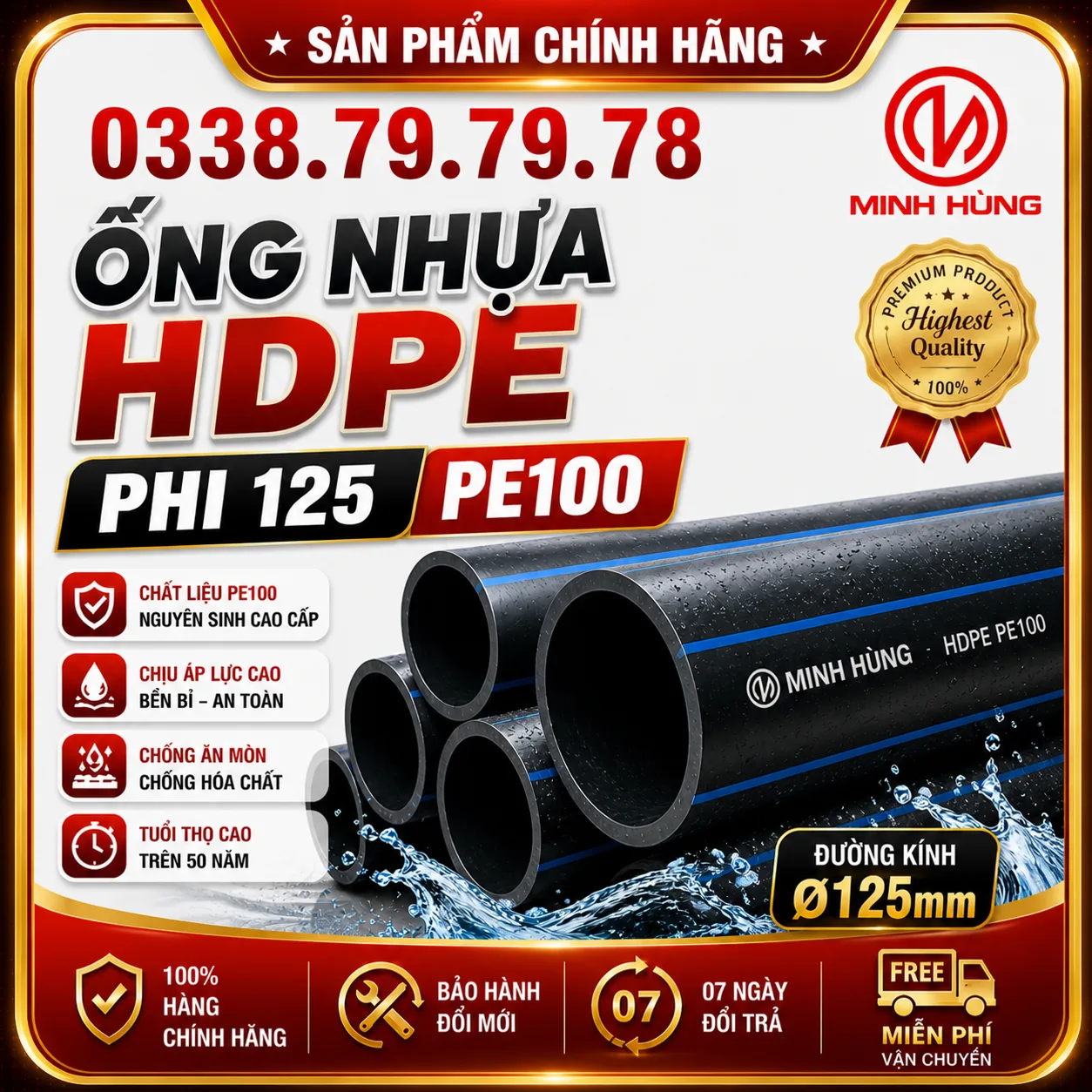 Ống nhựa HDPE phi 125 PE100 cho công trình bền áp lực