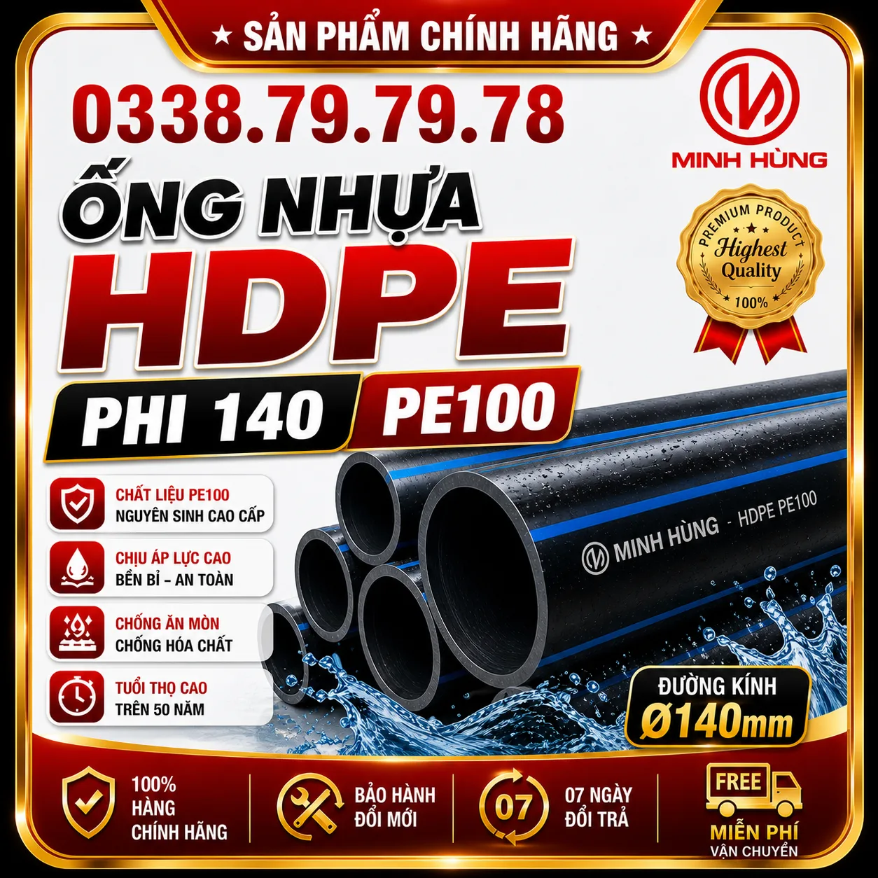 Ống nhựa HDPE phi 140 PE100 cho hệ thống cấp nước