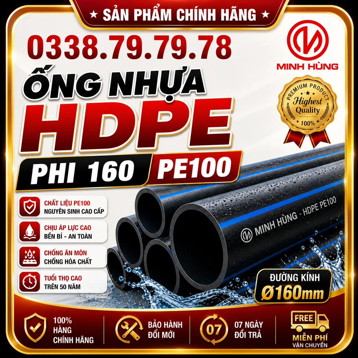 Ống nhựa HDPE phi 160 PE100 cho hệ thống cấp nước