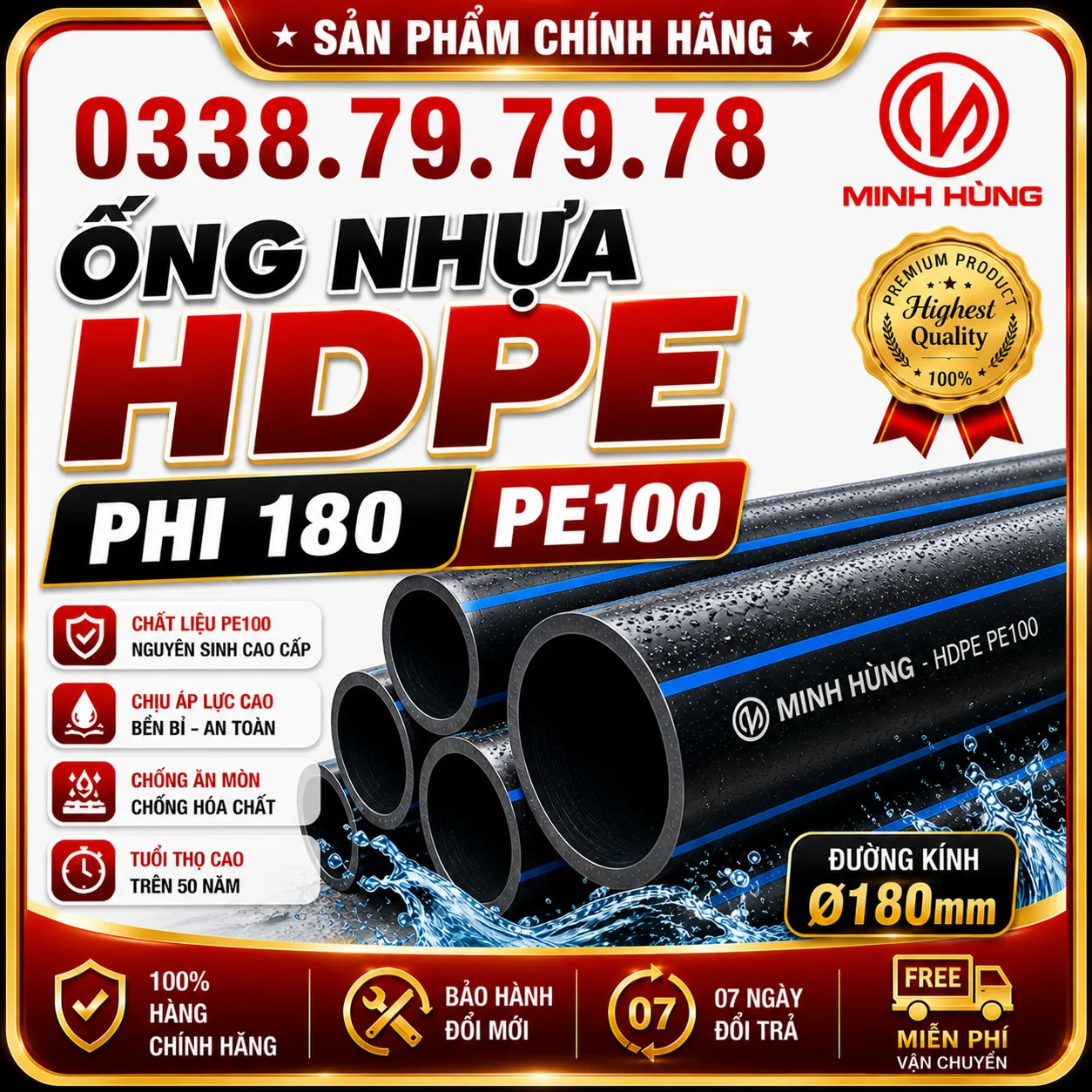 Ống nhựa HDPE phi 180 PE100 cho hệ thống áp lực lớn