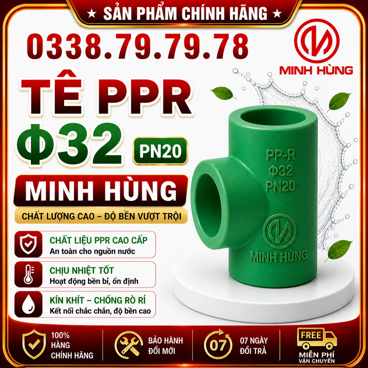 Tê PPR phi 32 PN20 cho hệ thống nước ổn định, bền