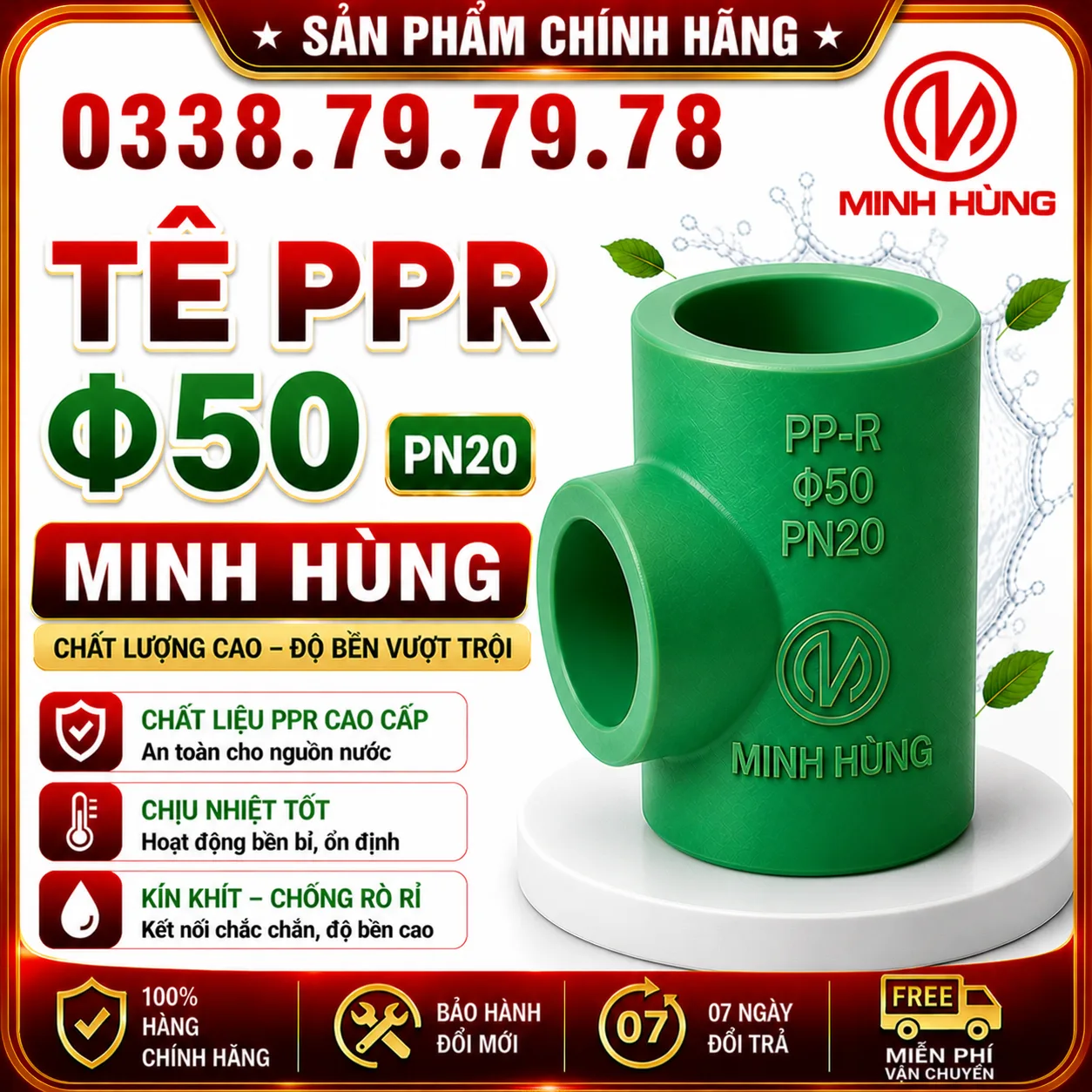 Tê PPR phi 50 PN20 dùng cho hệ cấp nước ổn định