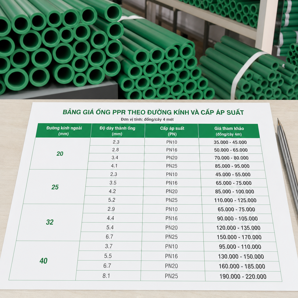 Bảng giá ống PPR đầy đủ theo đường kính và cấp áp suất
